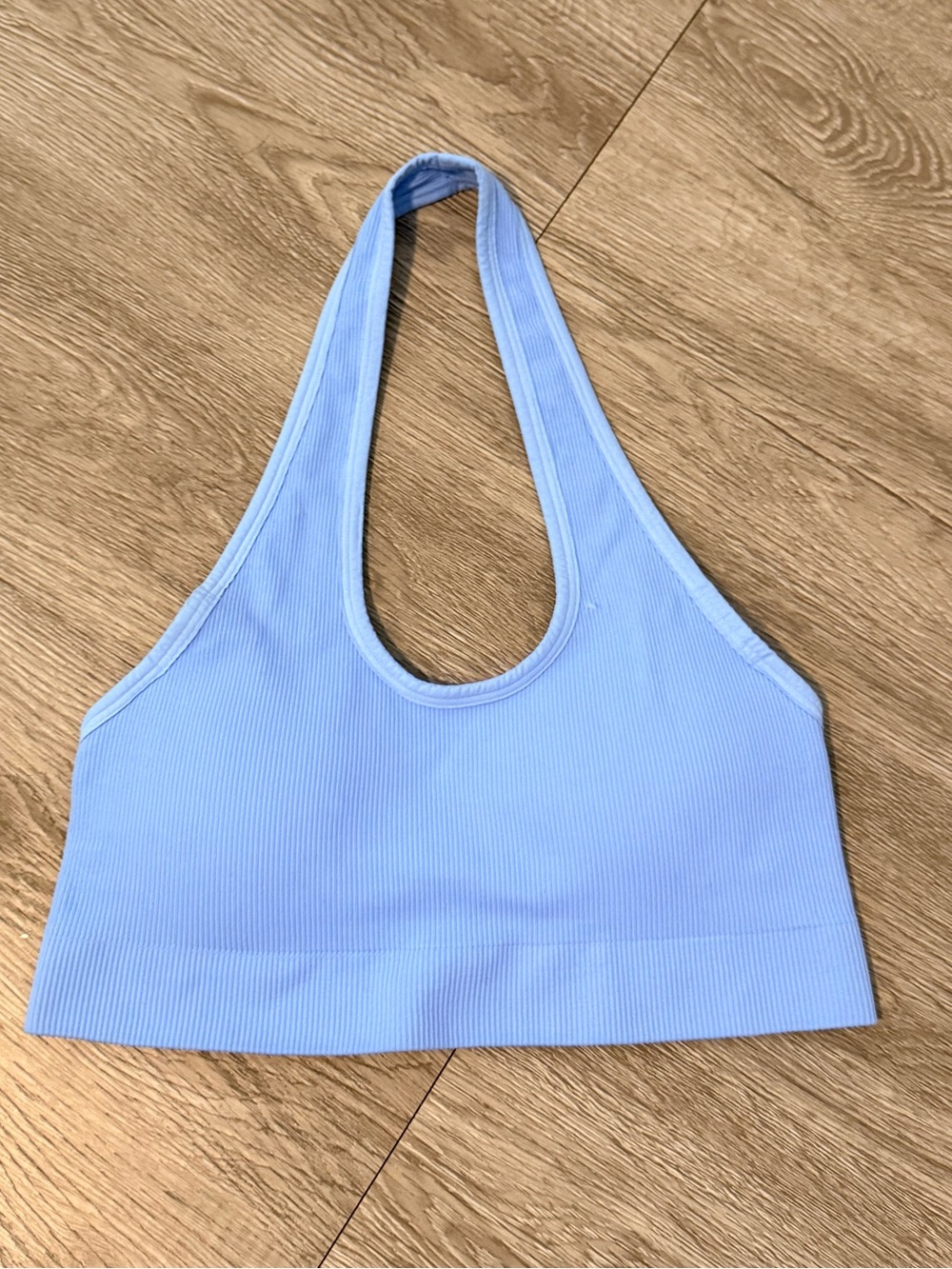 Bombshell Sportswear Light Blue Ribbed Halter Seamless Sports Bra